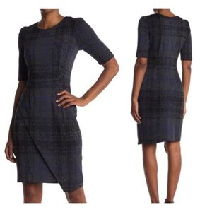 Betsey Johnson Asymmetrical Plaid Dress Knit Sheath Short Sleeve